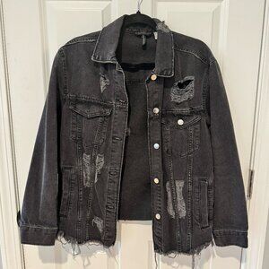 Black Distressed  Denim Jacket - Size 6‎